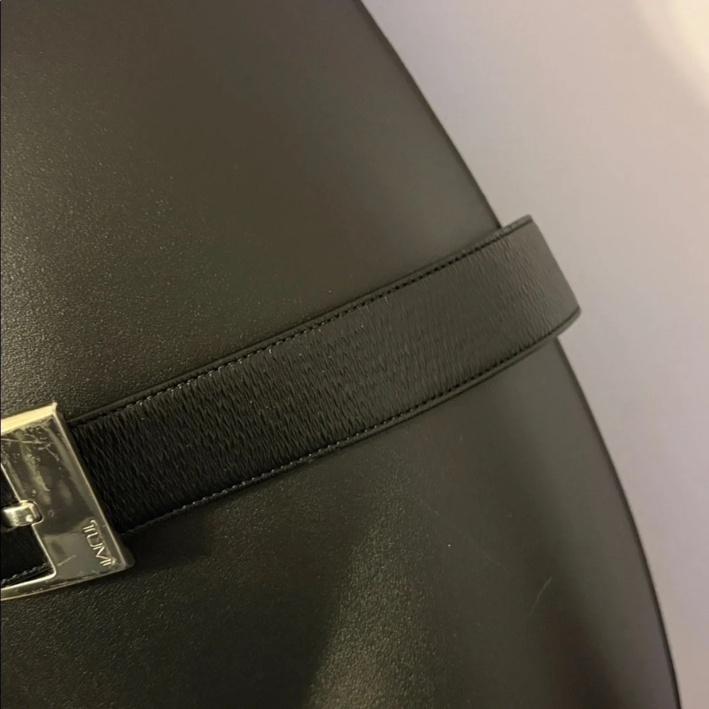 Tumi Black Leather Belt with Silver Metal Buckle